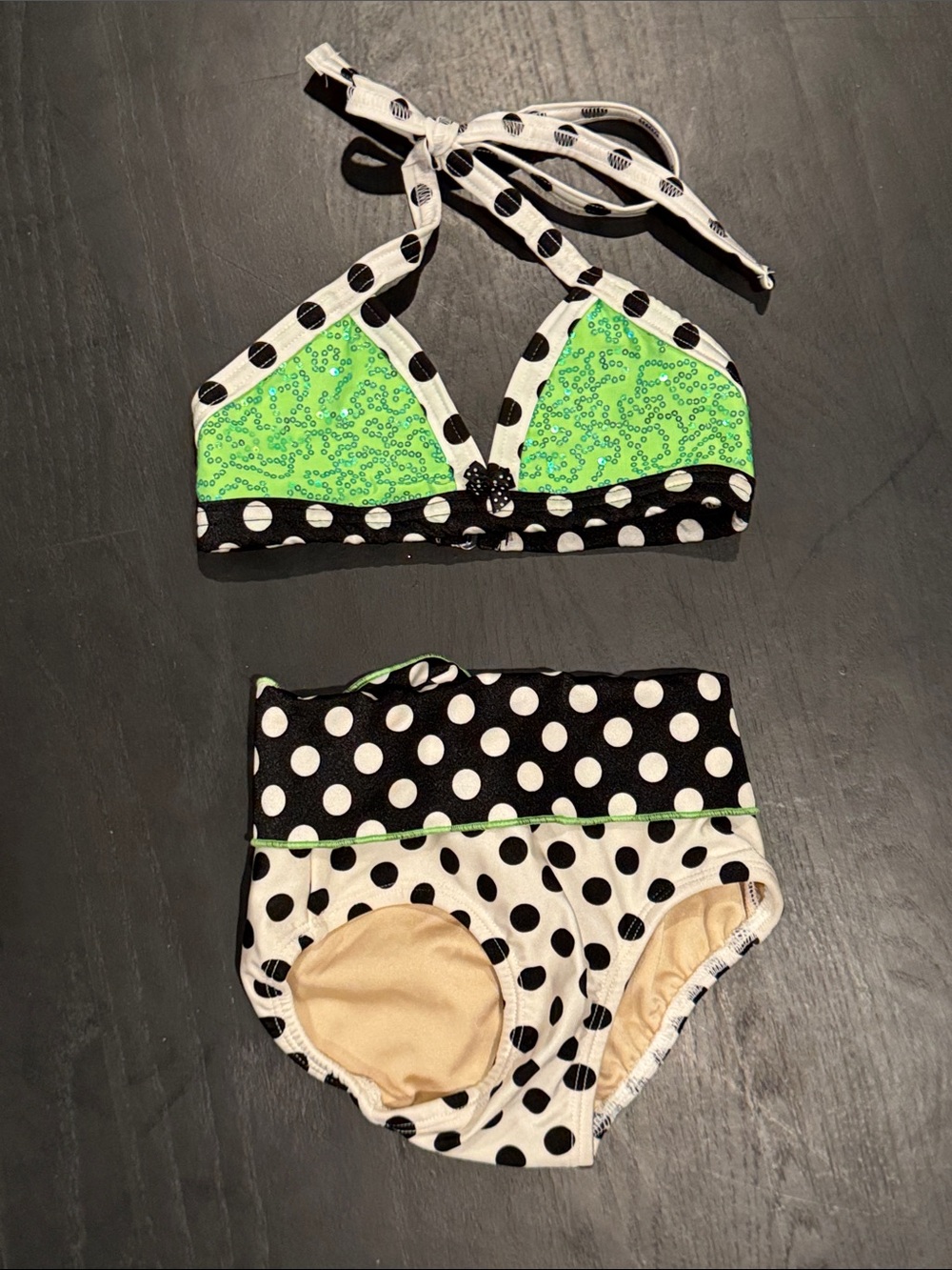 Girls Polka Dot Dance Set with Neon Green Accent